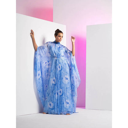 MANDIRA WIRK Pearl Blue Embroidered Asymmetrical Pleated Kaftan Dress