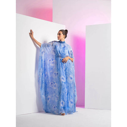 MANDIRA WIRK Pearl Blue Embroidered Asymmetrical Pleated Kaftan Dress