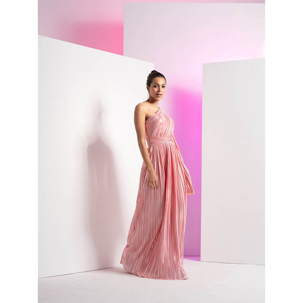 MANDIRA WIRK Flamingo Pink One Side Shoulder Heat Self Design Maxi Dress