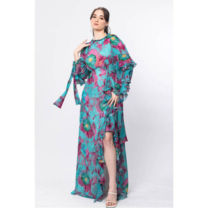 MANDIRA WIRK Forest Biome Boat Neck Tie Up Embroidered Sleeve Dress with Frill Detail