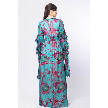 MANDIRA WIRK Forest Biome Boat Neck Tie Up Embroidered Sleeve Dress with Frill Detail