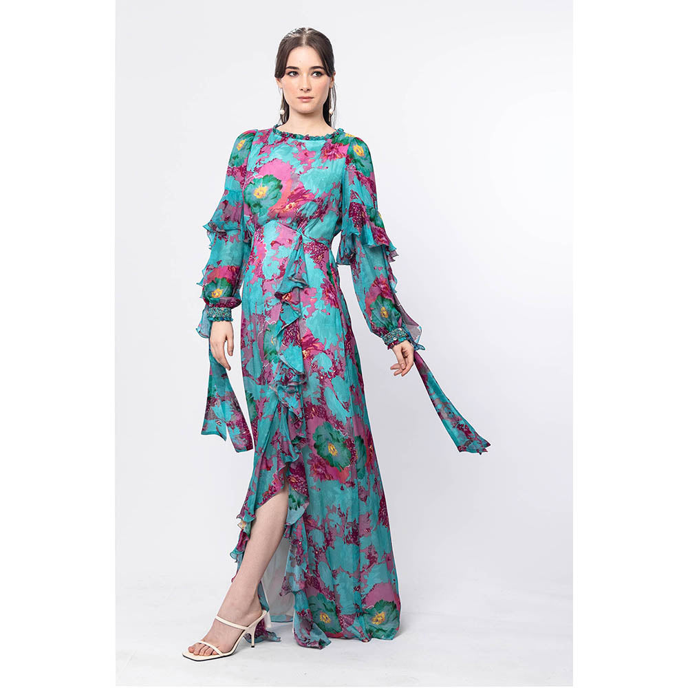 MANDIRA WIRK Forest Biome Boat Neck Tie Up Embroidered Sleeve Dress with Frill Detail