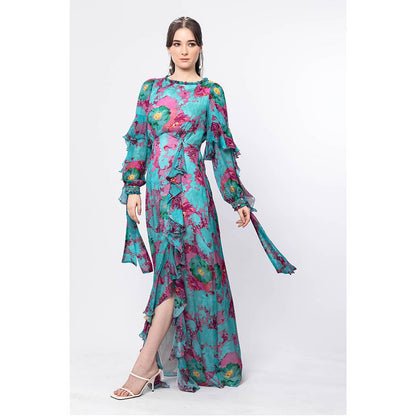MANDIRA WIRK Forest Biome Boat Neck Tie Up Embroidered Sleeve Dress with Frill Detail