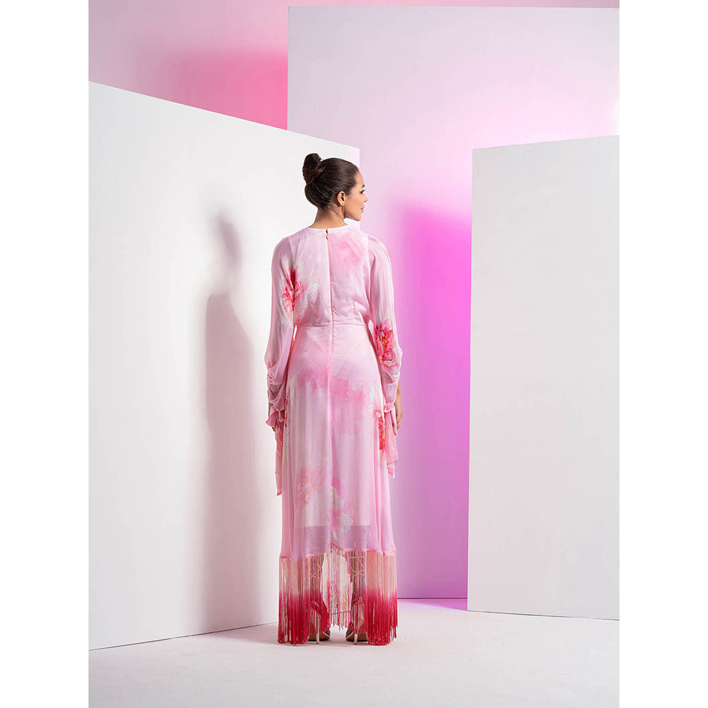 MANDIRA WIRK Pink Flutter Kimono Sleeve Asymmetrical Floral Maxi Dress