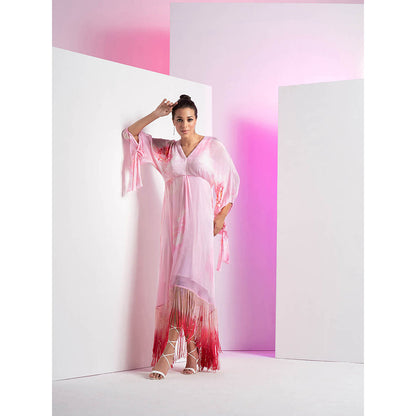 MANDIRA WIRK Pink Flutter Kimono Sleeve Asymmetrical Floral Maxi Dress