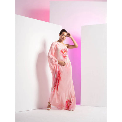 MANDIRA WIRK Champagne Blush Off Shoulder Pleated Floral Maxi Dress with Ombre Fringes