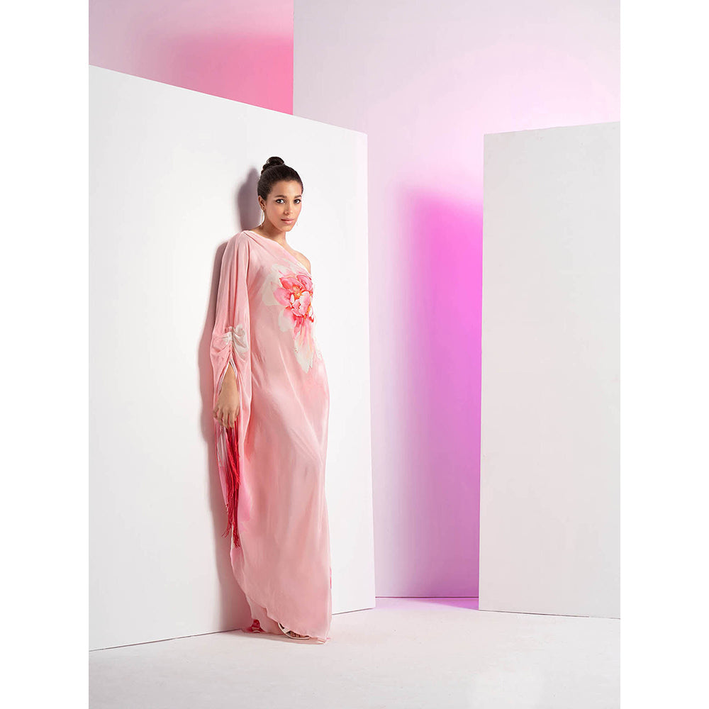 MANDIRA WIRK Champagne Blush Off Shoulder Pleated Floral Maxi Dress with Ombre Fringes