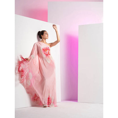 MANDIRA WIRK Champagne Blush Off Shoulder Pleated Floral Maxi Dress with Ombre Fringes