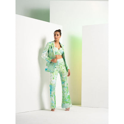 MANDIRA WIRK Green Raw Crystal Pant Satin Suit with Bustier (Set of 3)