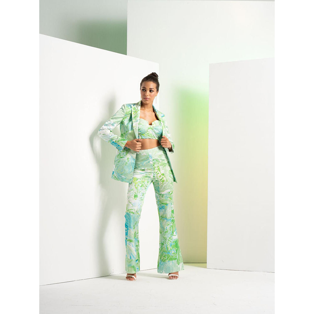MANDIRA WIRK Green Raw Crystal Pant Satin Suit with Bustier (Set of 3)