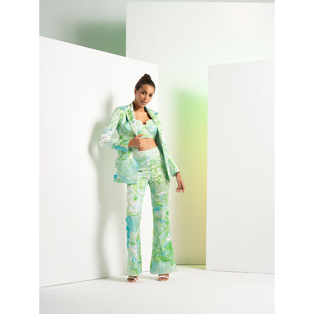 MANDIRA WIRK Green Raw Crystal Pant Satin Suit with Bustier (Set of 3)