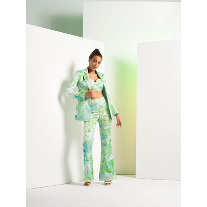 MANDIRA WIRK Green Raw Crystal Pant Satin Suit with Bustier (Set of 3)