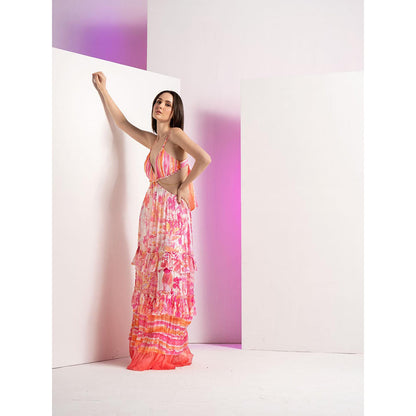 MANDIRA WIRK Pink Fancy Fusion Full Length Dress with Stylized Chain At Waist and Tie Up Back