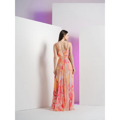 MANDIRA WIRK Peach Raw Crystal Asymmetric Dress with Embroidered Strap