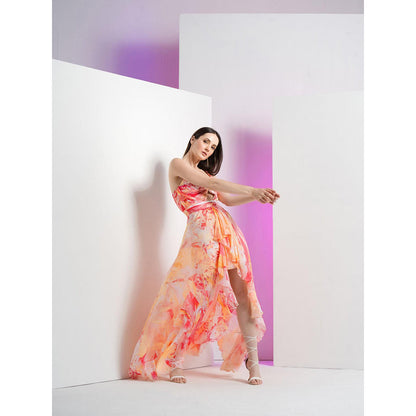 MANDIRA WIRK Peach Raw Crystal Asymmetric Dress with Embroidered Strap