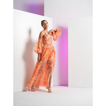 MANDIRA WIRK Red Pancy Daisy Long Halter Neck Dress