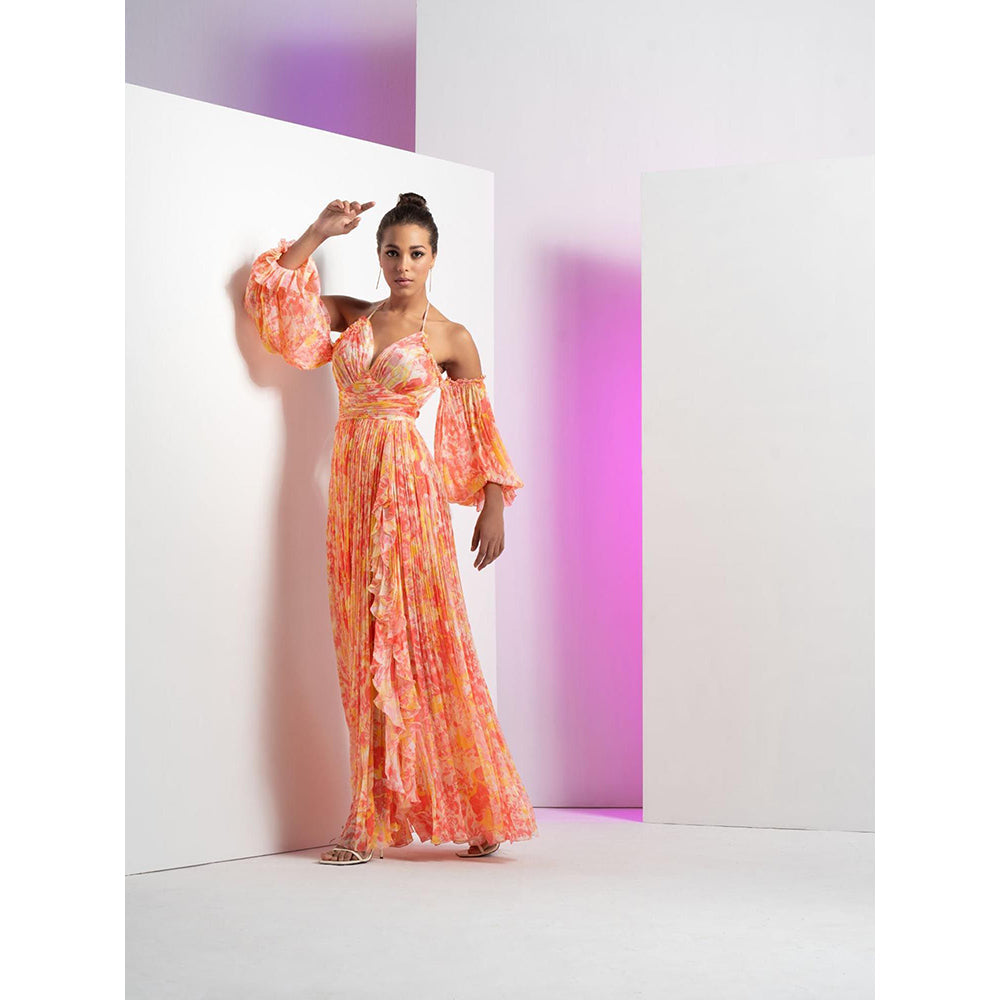 MANDIRA WIRK Red Pancy Daisy Long Halter Neck Dress