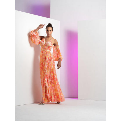 MANDIRA WIRK Red Pancy Daisy Long Halter Neck Dress