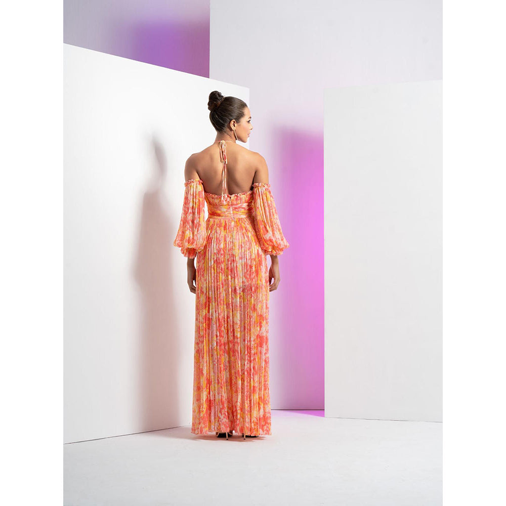 MANDIRA WIRK Red Pancy Daisy Long Halter Neck Dress