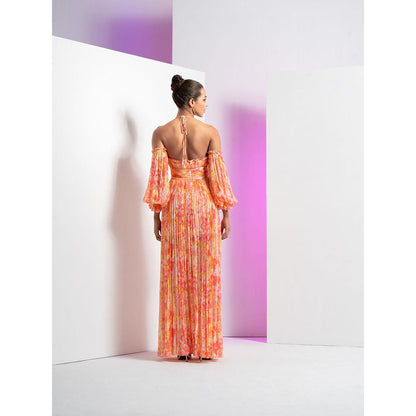 MANDIRA WIRK Red Pancy Daisy Long Halter Neck Dress