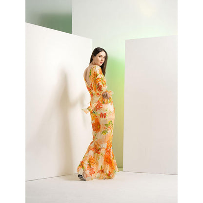 MANDIRA WIRK Orange Lilium Chiffon Dress with Waist Buckle Details