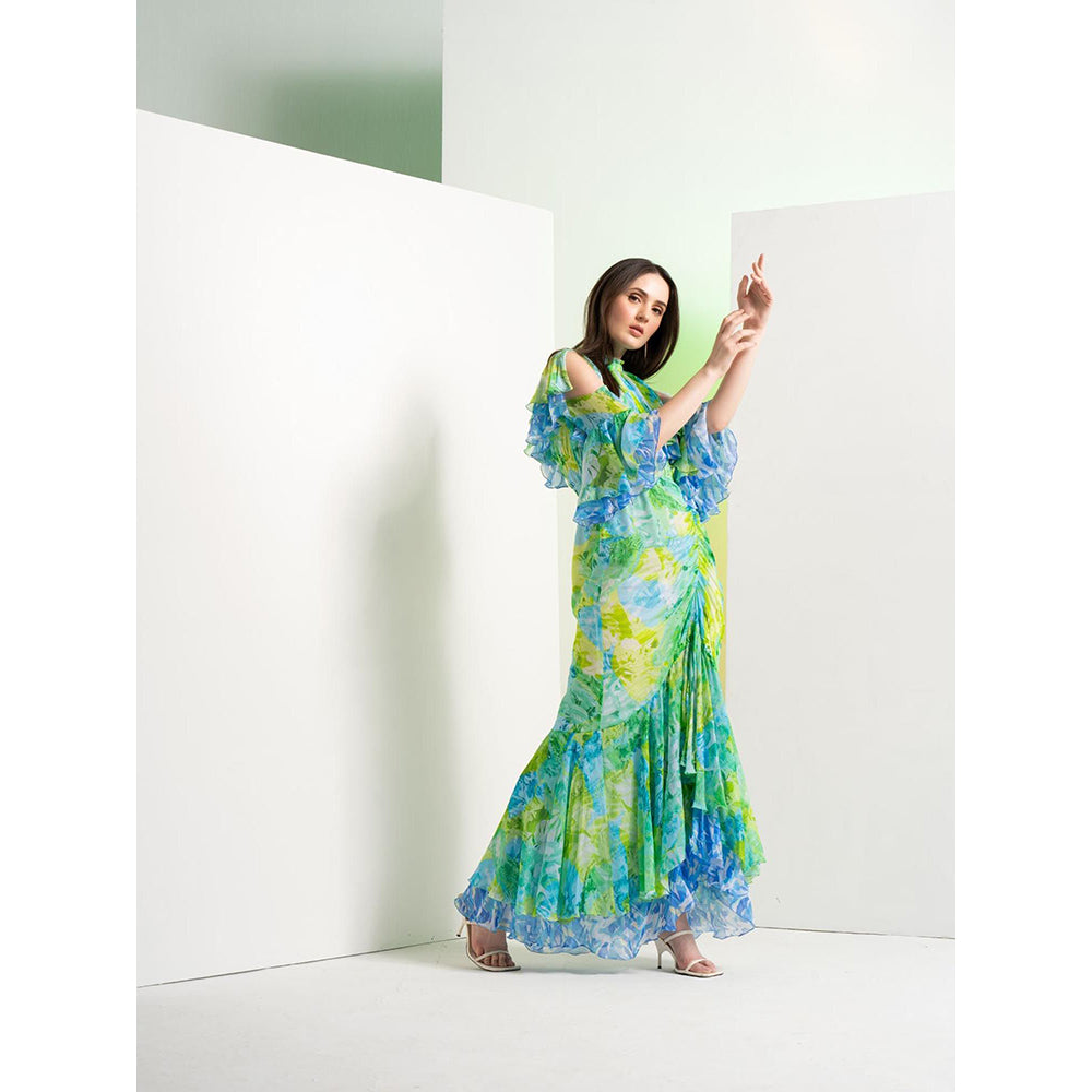 MANDIRA WIRK Floral Camo Fluorescent Full Length Fish Cut Dress