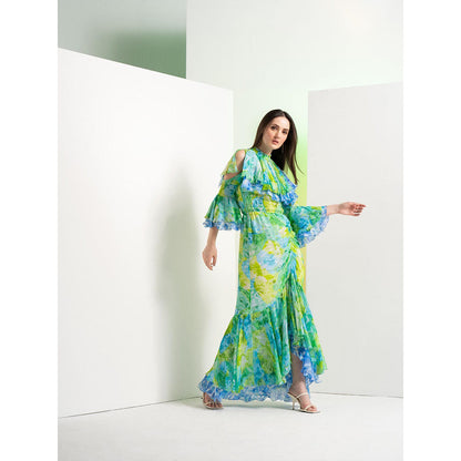 MANDIRA WIRK Floral Camo Fluorescent Full Length Fish Cut Dress