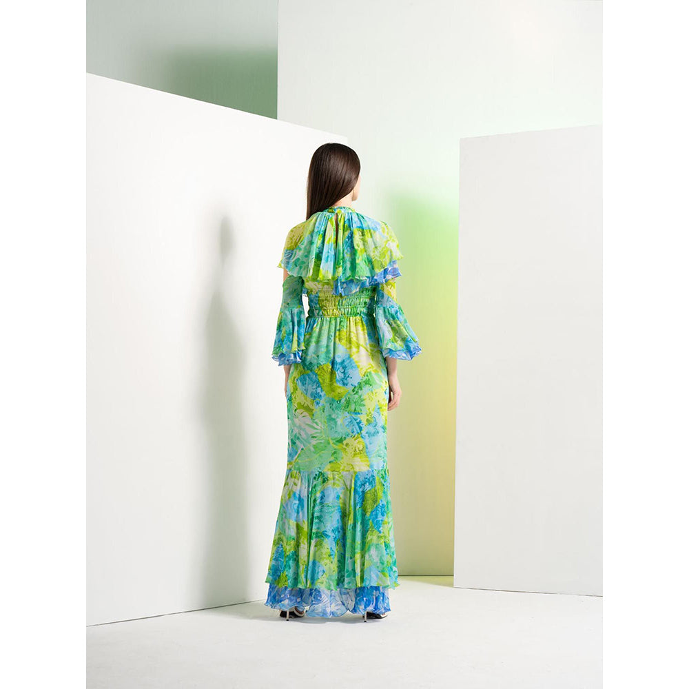 MANDIRA WIRK Floral Camo Fluorescent Full Length Fish Cut Dress