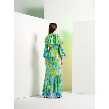 MANDIRA WIRK Floral Camo Fluorescent Full Length Fish Cut Dress