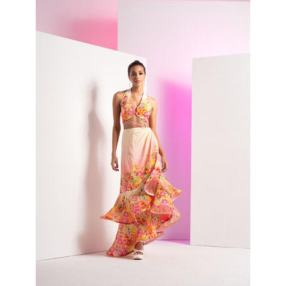 MANDIRA WIRK Ivory Dainty Floret Asymmetric Dress with Back Tie Up