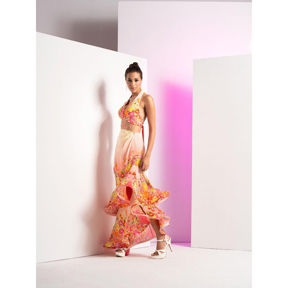 MANDIRA WIRK Ivory Dainty Floret Asymmetric Dress with Back Tie Up