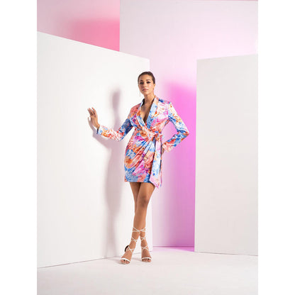 MANDIRA WIRK Blue Floral Camo Romper Dress with Back Fastening and Fabric Belt (Set of 2)