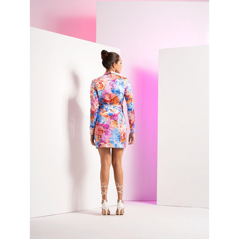 MANDIRA WIRK Blue Floral Camo Romper Dress with Back Fastening and Fabric Belt (Set of 2)