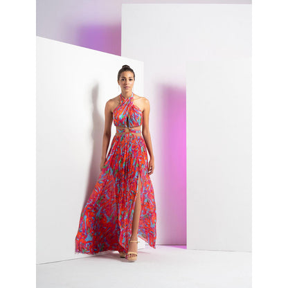 MANDIRA WIRK Multi Printed Mesh Dress with Halter Neck and Ring Detail