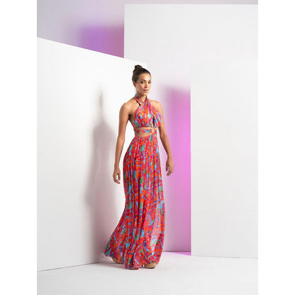 MANDIRA WIRK Multi Printed Mesh Dress with Halter Neck and Ring Detail