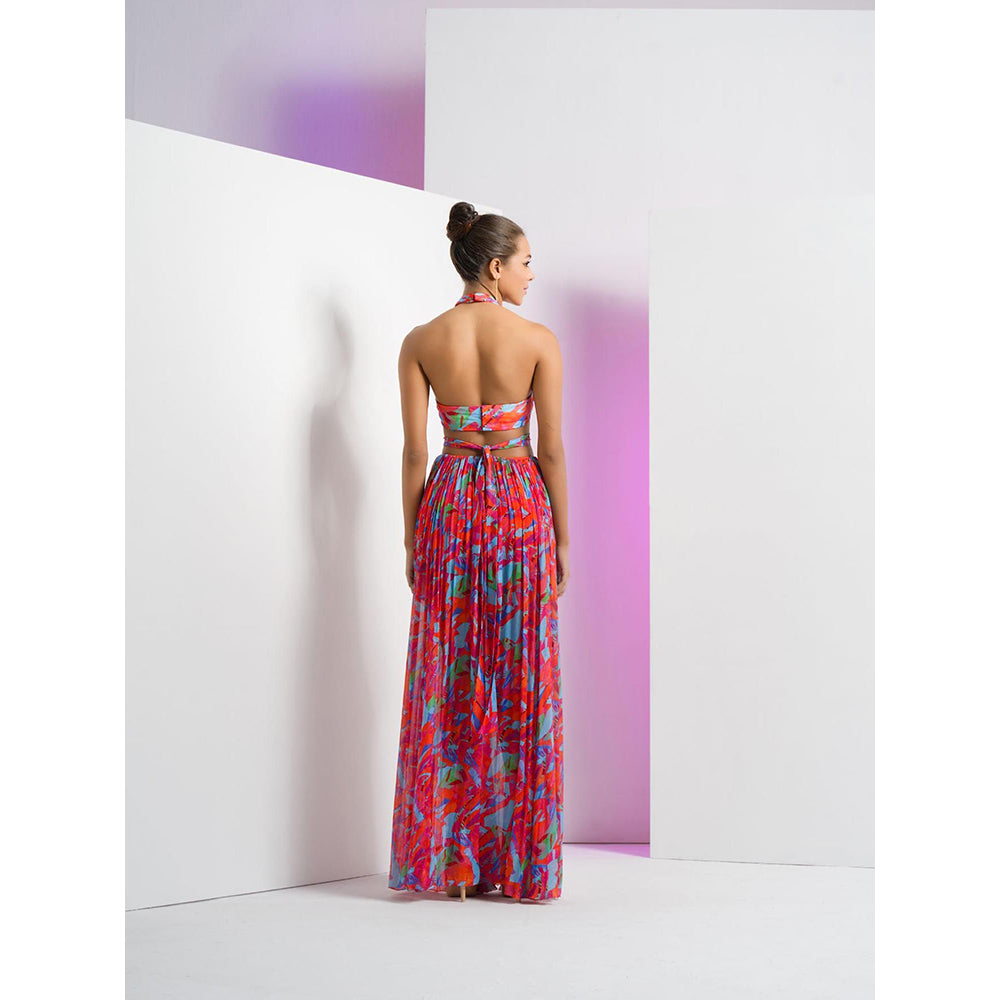 MANDIRA WIRK Multi Printed Mesh Dress with Halter Neck and Ring Detail