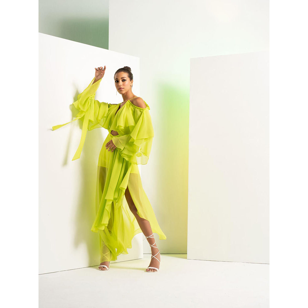 MANDIRA WIRK Lime Green Asymmetric Dress with Cascade Sleeve