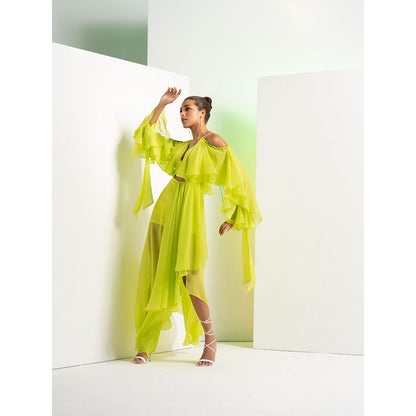 MANDIRA WIRK Lime Green Asymmetric Dress with Cascade Sleeve