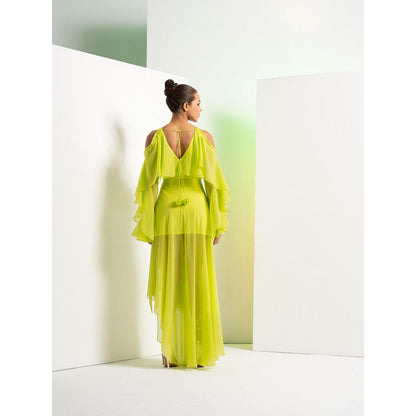 MANDIRA WIRK Lime Green Asymmetric Dress with Cascade Sleeve