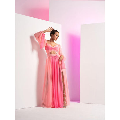 MANDIRA WIRK Fondant Pink Long Dress with Sleeve Tie-Up and Front Slit In Skirt