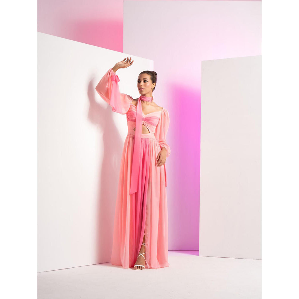 MANDIRA WIRK Fondant Pink Long Dress with Sleeve Tie-Up and Front Slit In Skirt