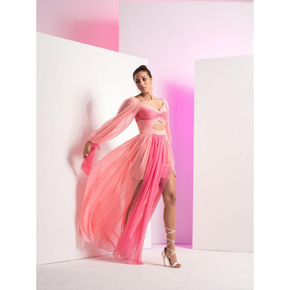 MANDIRA WIRK Fondant Pink Long Dress with Sleeve Tie-Up and Front Slit In Skirt