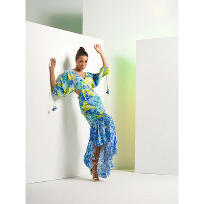 MANDIRA WIRK Matched Floral Camo Asymmetric Dress with Kimono Sleeve