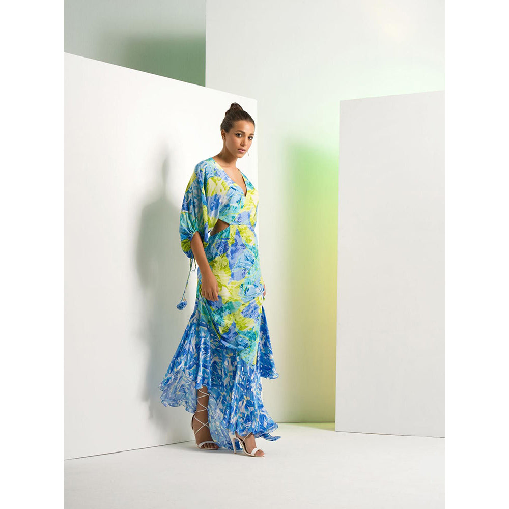 MANDIRA WIRK Matched Floral Camo Asymmetric Dress with Kimono Sleeve