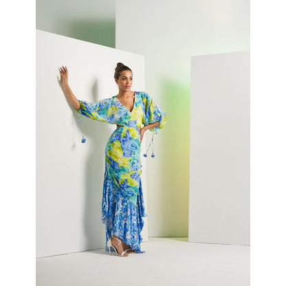 MANDIRA WIRK Matched Floral Camo Asymmetric Dress with Kimono Sleeve