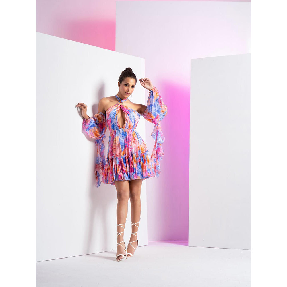 MANDIRA WIRK Blue Floral Camo Short Dress with Cascade Sleeve