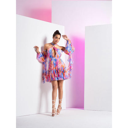 MANDIRA WIRK Blue Floral Camo Short Dress with Cascade Sleeve