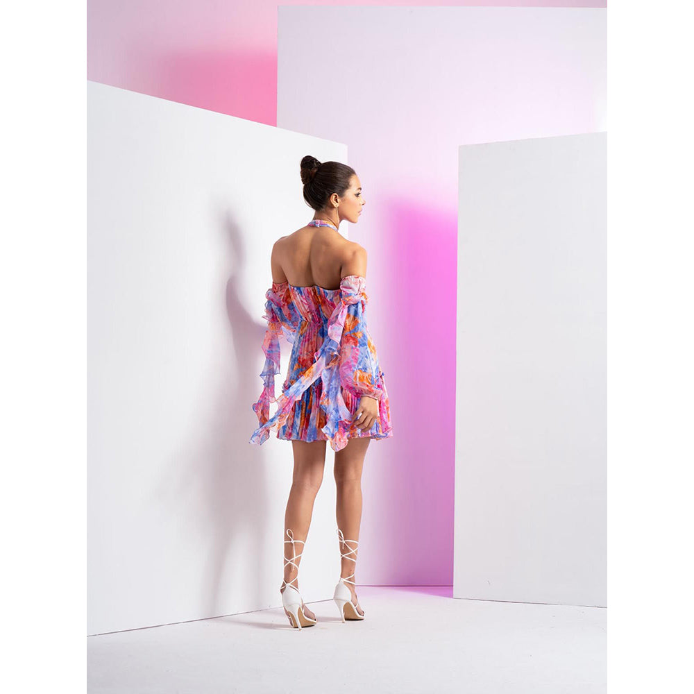 MANDIRA WIRK Blue Floral Camo Short Dress with Cascade Sleeve