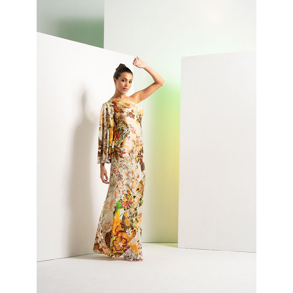 MANDIRA WIRK Ochre Floral Rush Printed Satin One Shoulder Dress