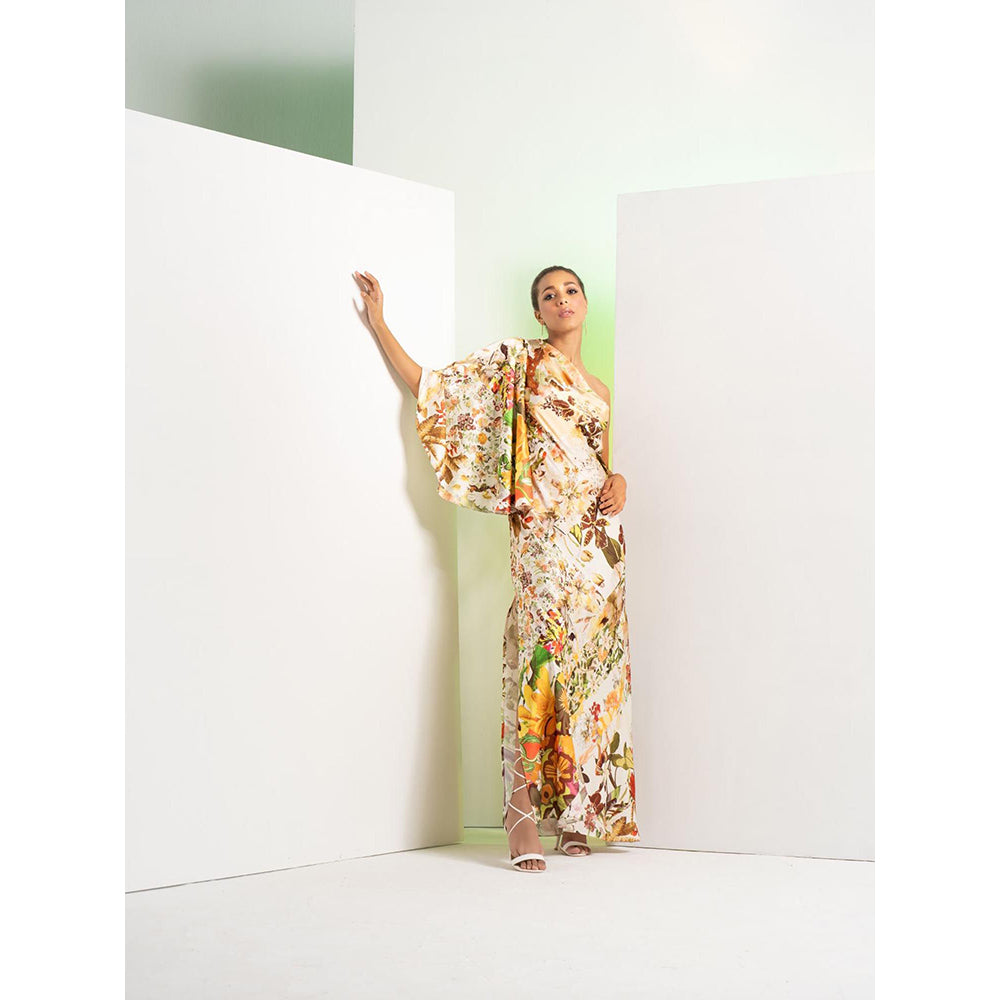 MANDIRA WIRK Ochre Floral Rush Printed Satin One Shoulder Dress
